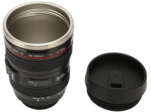 Kamera -Objektivkaffeetasse, Fotografen Kamera -Becher -Reise -Kaffeetasse, Edelstahl -Objektivbecher mit Deckel für Fotografen, Heimatversorgung (Schwarz)