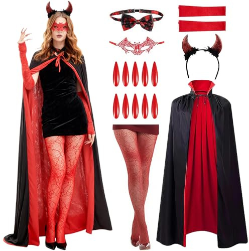 16 Stück Teufel Kostüm Damen – Karneval Vampir Kostüm Set mit doppelseitigem Umhang, Teufelsgabel, Hörner Haarreif, Spitzenhandschuhen & Accessoires – Ideal für Karneval, Cosplay & Mottopartys