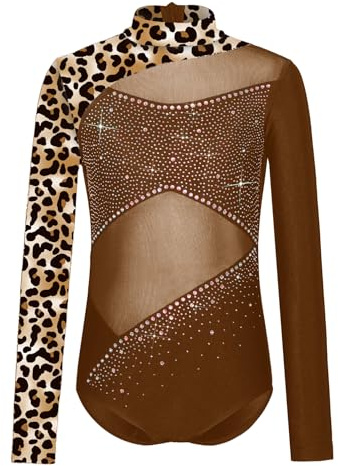 iiniim Mädchen Turnanzug Glitzer Gymnastikanzug Langarm Ballettanzug Blumendruck Patchwork Gymnastikbody Turntrikot Wettbewerb Tanzkostüm A Braun 122-128