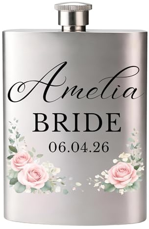 Personalised Bride Stainless Steel Hip Flask Floral Design (Silver)