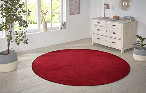Hanse Home Nasty Teppich Rund – Wohnzimmerteppich Flauschiger Kurzflor Einfarbig Unifarben für Esszimmer, Wohnzimmer, Kinderzimmer, Flur, Schlafzimmer, Küche – Uni Rot, 200cm