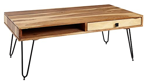 Wohnling Couchtisch BAGLI Massiv-Holz Akazie 110 cm breit Wohnzimmer-Tisch Design Metallbeine Landhaus-Stil Beistelltisch Schublade