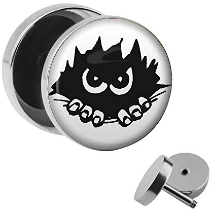 Treuheld | Ohrstecker zum Schrauben - Böse Augen/Fratze/Gesicht - Schwarz-Weiß - Motiv Fake-Plug Ø 10mm Silber - Edel-Stahl Ohr-Ringe - Chirurgen-Stahl Fake-Tunnel - Gewinde Ohr-Stecker - Bad Eye