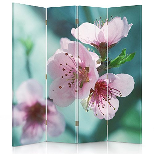 Paravent 4 Panneaux Cerisier Décoratif Réversible Rose 145x180 cm