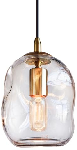 CASAMOTION Glass Pendant Light Gold and Clear Organic Globe Ceiling Hanging Fixtures Modern Industrial Ambient Lighting Over Kitchen Island Sink Bar Counter Porch Small Medium Lamp 8 Inch H