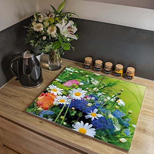 banjado® Herdabdeckplatte Glas 2-teilig 60x52 cm/Schneidebrett Herdabdeckung mit Motiv Blumenstrauß/Herdabdeckplatten Ceranfeld 2teilig / Schneidebrett Glas individuell einsetzbar