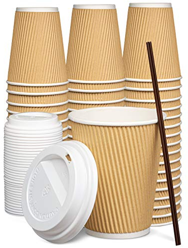 Comfy Package GUSTO [100 Sätze - 12 oz.- 360 ml] Isolierte Pappbecher mit Rillen, heiße Kaffeetassen mit Deckel - Formerly