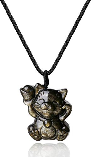 COAI Collier Ajustable Pendentif Chat Porte-Bonheur Obsidienne Dorée Unisexe