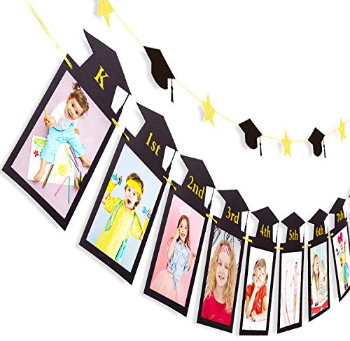 Whaline 2 Stück Fotobanner, 2020 Congrats Graduation Graduation Banner, Kindergarten bis 12. Klasse, Bildergirlande schwarz gold Glitzer Banner für Abschlussfeier College Home Decor