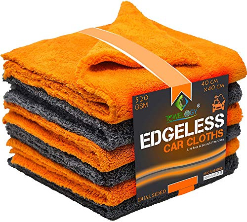 Towelogy® 520gsm Professional Microfibre Edgeless Car Cloths QUICK DRY for Auto/Moto Detailing Polishing Washing STREAK FREE & LINT FREE 40x40cm (Grey/Orange, Pack Of 6)