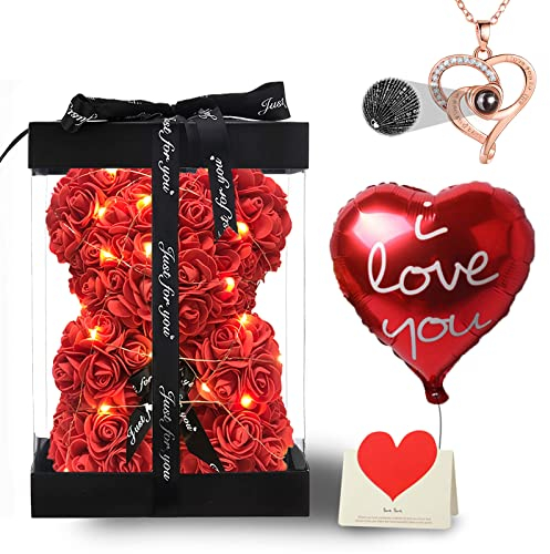 U UQUI Rosenbär-Geschenke für sie, Geburtstag, Jahrestag, I Love You, romantische Geschenke für sie, niedlicher Antrag, Hochzeitsgeschenke & Dekorationen, Blumenbär, Rose, Teddybär mit Box, Lichter,