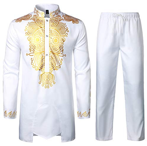 LucMatton Ensemble africain 2 pièces pour homme manches longues Imprimé Dashiki et pantalon Doré Costume traditionnel, blanc, Taille M