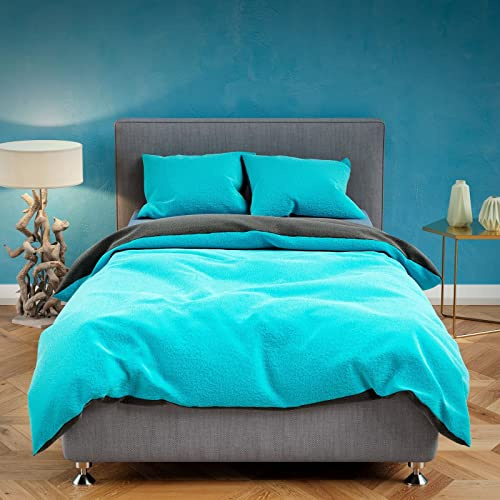Leonado Vicenti Winter Plüsch Bettwäsche 200x220 cm Premium Cashmere Touch Warme Uni Schlafzimmer Set Doppelkissen Anthrazit Petrol Türkis