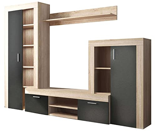 Cosma Zweifarbige Wohnwand für Wohnzimmer und Fernseher, moderner Wohnbereich, Farbe Anthrazit und Eiche hell Modell Nobel