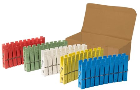 Mollette per bucato in plastica e legno, resistenti raggi UV, pack da 50 mollette, 5 colori assortiti, bucato pesante, tovaglie, asciugamani, coperte