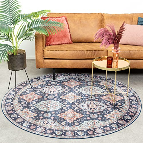 FRAAI | Home & Living Teppich Vintage Rund - Imagine Oriental Blau - Baumwolle, Polyester - Flachgewebe - Vintage, Orientalisch - Wohnzimmer, Esszimmer, Schlafzimmer - Carpet
