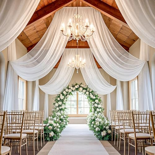 ROMANKAS White Ceiling Drapes for Parties 4 Panels 5ftx15ft Wedding Drapes for Ceiling Draping Sheer Ceiling Fabric Draping Fabric Chiffon Curtain Backdrop for Wedding Party Ceremony Decorations