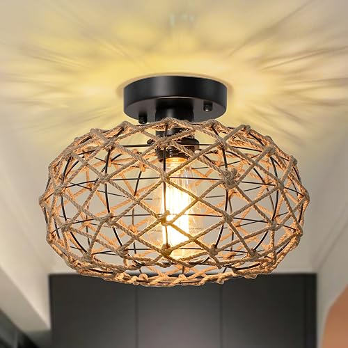 LynPon Boho Deckenleuchte Gewebtes Hanfseil Rattan Geflecht Käfig Retro Rustikale Küsten Deckenlampe für Schlafzimmer, Flur, Eingangsbereich, Küche