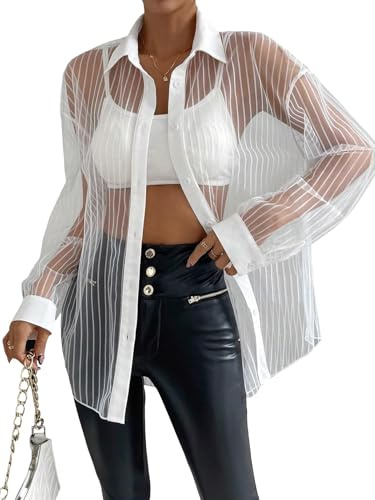 Milumia Women's Sheer Button Up Shirt Long Sleeve Oversized Mesh Blouse Top