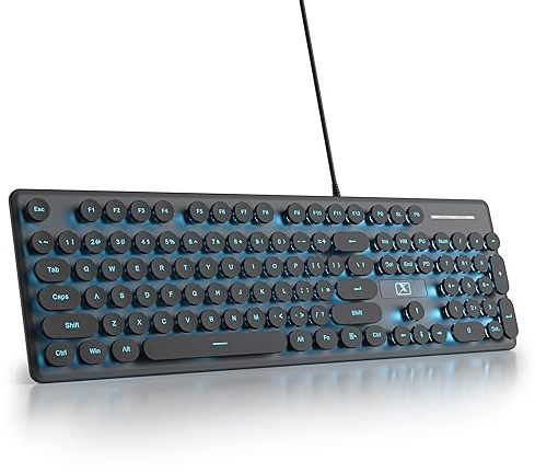 Mosptnspg Wired Quiet Membrane Keyboard,Full Size 104-Keys Retro Punk Typewriter Blue LED Backlit ，USB Ultra Slim Gaming Keyboard with ABS Round keycaps for Windows/PC/Laptop (Black)