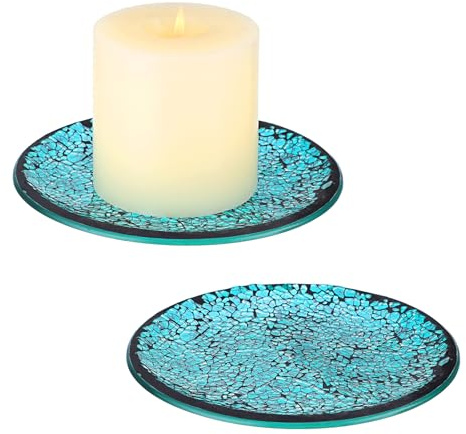 OwnMy 6 Inch Mosaic Glass Pillar Candle Holder Plates Round Candle Trays