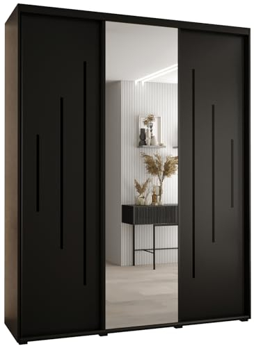 MEBLE KRYSPOL Davos 13 190 Schrank mit DREI Schiebetüren für Schlafzimmer - Moderner Kleiderschrank mit Spiegel, Kleiderstange und Regalen - 235,2x190x60 cm - Schwarz Schwarz Schwarz