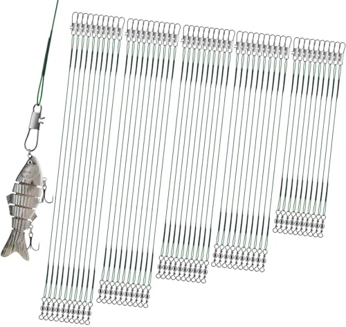 Realure 50Pcs Stainless Steel Fishing Leaders with Swivels Snap Connect Kit High Strength Fish Line Wire Leaders for Fishing Saltwater 4/6/8/10/12inch Fishing Wire Leader Line for Lure Bait Rig Hooks