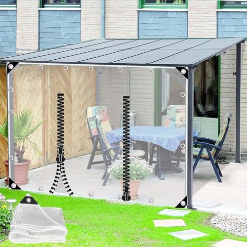 Transparente Pvc Plane Seitenteil Mit Reissverschluss Tür,Outdoor Durchsichtige Plane Vorhänge,Pergola Terrasse Veranda Carport Pavillon Wasserdichte Abdeckplanen Mit Ösen,L×H-3.5*2.2m(11.5*7.2ft)