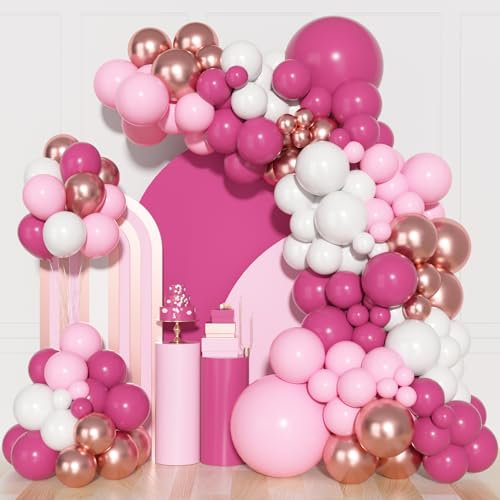 Kit Arche Ballon Rose 164 Pièces Rose Gold Guirlande Decoration Anniversaire Fille Femme Rose Vif Blancs pour Baby Shower Mariage Baptême Fiançailles Fête