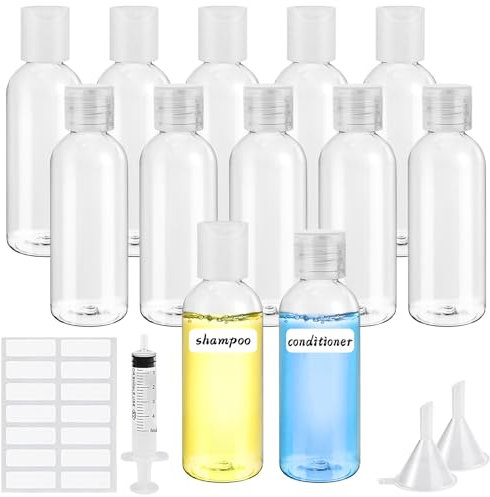 Sheryl&Rain 12Pcs 60ml Travel Bottle for Toiletries, Plastic Bottles Empty, Refillable Transparent Travel Bottles with Syringe Funnels and Labels for Travel Toiletries Makeup