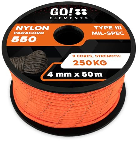GO!elements Paracord Seil aus reißfester Nylonschnur - 4mm Paracord 550 Typ III Schnur - geeignet als Allzweckseil & Reepschnur - Max. 250kg