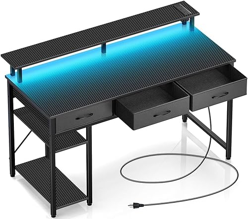 WASAGUN Gaming Schreibtisch mit 3 Schubladen,Breite 47,2Zoll(120cm),Computertisch mit Beleuchtung,PC Schreibtisch,Eckschreibtisch mit Monitorständer,Arbeitstisch für Heimarbeit,Links und rechts,Weiß