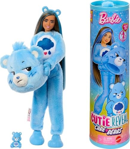 Barbie Cutie Reveal Barbie-Puppe mit Accessoires, Glücksbärchis-Reihe, Modepuppe mit plüschigem Brummbärchi-Kostüm und 10 Überraschungen, einschließlich Farbwechsel und Mini-Bär, JCN96