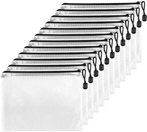 Fousenuk 12 Pcs Dokumententasche mit Reißverschluss A4, Wasserdichte Document Case, Mesh Plastic Zip Bag, Reißverschlusstasche, Zipper Pockets für Datei,Papier, Quittungen, Kosmetika, Schwarz