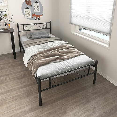 FurnitureR Black Metal Bed Frame, Classic Design, Sturdy Metal with Elegant Scrollwork, Bedroom Furniture, No Box Spring Needed, Easy Assembly and Durable Support