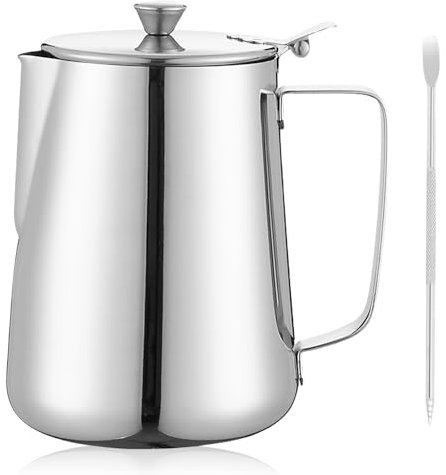 Brocca per latte da 600 ml, in acciaio inox con coperchio, brocca per latte con scala di misurazione e penna per latte Art Pen, per cappuccino, espresso e barista