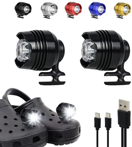 Rechargeable Shoe Lights 2 PCS, 3 Lighting Mode Headlights for Croc Style Shoes, Camping Accessories Shoe Charm Decoration Light, IPX5 Waterproof Shoe Headlights for Walking Hiking, Gift for Men Women