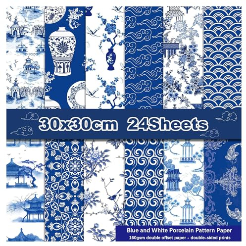 Scrapbooking Papierblock, 12x12, doppelseitig, 24 Blatt, Papier mit blauem und weißem Porzellan-Blumenmuster, Album-Hintergrund, Scrapbook-Layout
