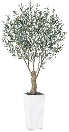 Fopamtri Olivo Artificial 210 cm Plantas Artificiales Decorativas con Frutas Realistas, Planta Artificial Grande con Blanca Maceta Protección UV para Exterior Hogar Decoración (1 Pieza)