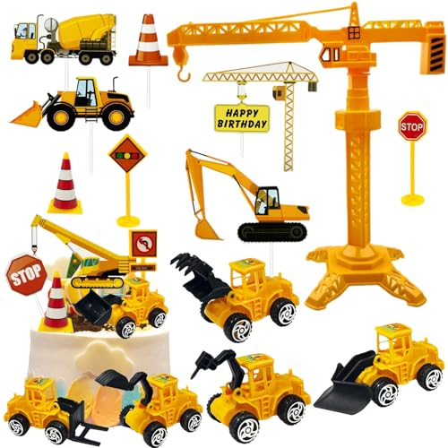 Tortendeko Baustelle, 18 Stück Bagger Kuchendeko, Baustellenfahrzeuge Verkehrsschilder Kinder, Kunststoff Bagger Spielzeugauto, Bagger Cake Topper, Baustellen Fahrzeuge Tortendeko