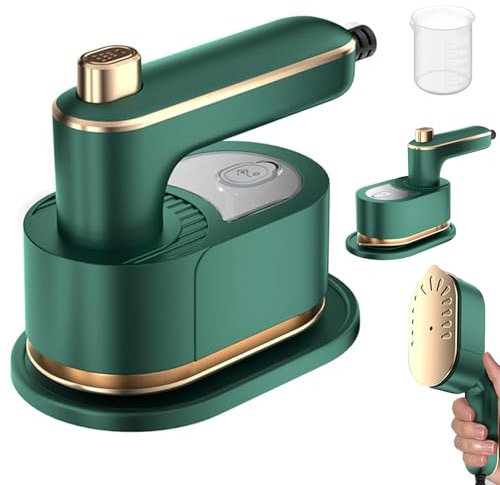 Travel Clothes Steamer Portable Iron, 2 in 1 Portable Steam Handheld Clothing Wrinkles Remover for Garments, 180° Rotatable Foldable Handle Steamer for Clothes for Travel, Home, Office (Green)