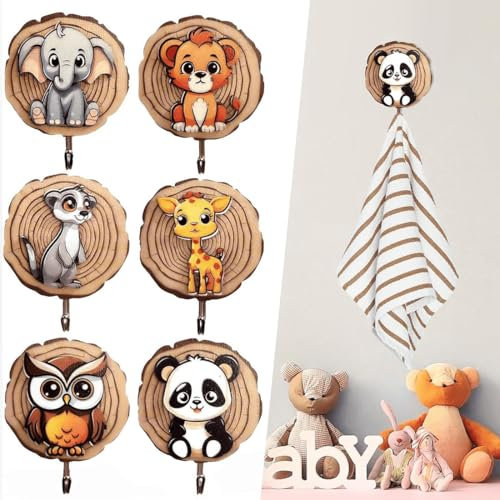 ZEPIQOR 6 unidades de percheros infantiles, Ganchos de Madera Autoadhesivos, Percheros con Forma de Animal para Niños, Ganchos de Pared de Madera, Regalo Decorativo para Habitación Infantil
