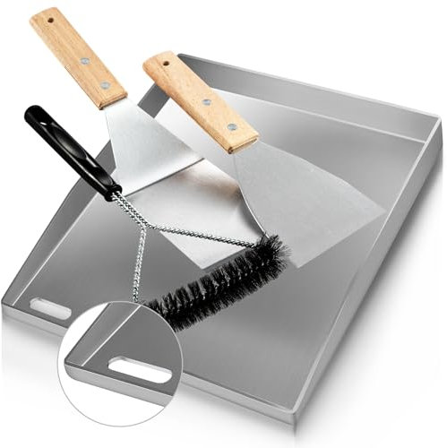 Plancha grillplatte Hergestellt aus 4 mm massivem Edelstahl[40x41.5cm], plancha grill mit 2 Grillwenden und einer Bürste, plancha gasgrill mit versiegelten Ecken, perfekt für Gas- und Holzkohlegrills