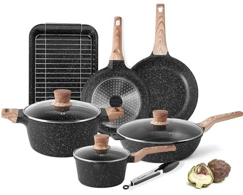RIOVARM Induction Batterie de cuisine, Antiadhésive Granit Sets de poêles et casseroles avec Couvercles, Poêle à frire, Casserole, Plaque à pâtisserie, Poêle à gâteau, Sans PFOA