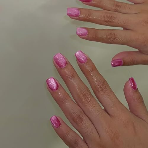 Hot Pink Cat Eye False Nails, SXVME 30 Pcs Glitter Press on Nails Short Square, Sparkly Shiny Fake Nails, Cute Bling Full Cover Short Stick on Nails for Women Daily Wear