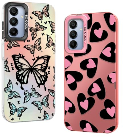 FunYudas 2 Pezzi Cover per Samsung Galaxy A15 4G/ 5G, Aesthetic Farfalle Colorata e Cuori Rosa Motivi Disegno, Morbido Sottile TPU Bumper Donne Ragazza Antigraffio Antiurto Protezione Custodia