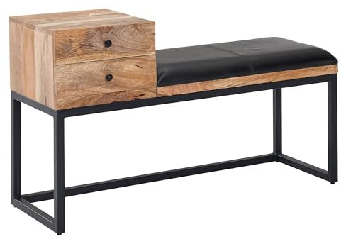 KADIMA DESIGN Sitzbank Ziegenleder/Massivholz Bank 100x60x35 cm im Retro Stil | Flur Polsterbank Metall mit Stauraum | Gepolsterte Lederbank Aufbewahrung Schwarz | Kleine Bettbank