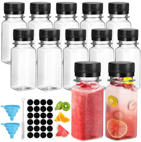 Hejo 12 Piezas Botellas de Jugo de Plástico Pequeñas, 60 ML Botellas de Plástico con Tapa, Mini Botella de Chupito Reutilizables, Botella Vacías con Etiquetas para Jugo Salsa Leche