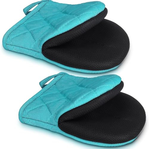 1 Paar Kurze Ofenhandschuhe, Hitzebeständige Küche Mini Ofenhandschuhe, Baumwolle und rutschfeste Grifffläche und Küchenhandschuhe zum Backen Grillen Grillen Mikrowelle Blau