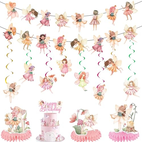 Feen Geburtstag Deko Girlande Set - 14 Stück Feen Deko Kindergeburtstag mit Fee Girlande, Bienenwabe Mittelstück und Hängende Wirbel für Fairy Thema Party Kindergeburtstag Mädchen